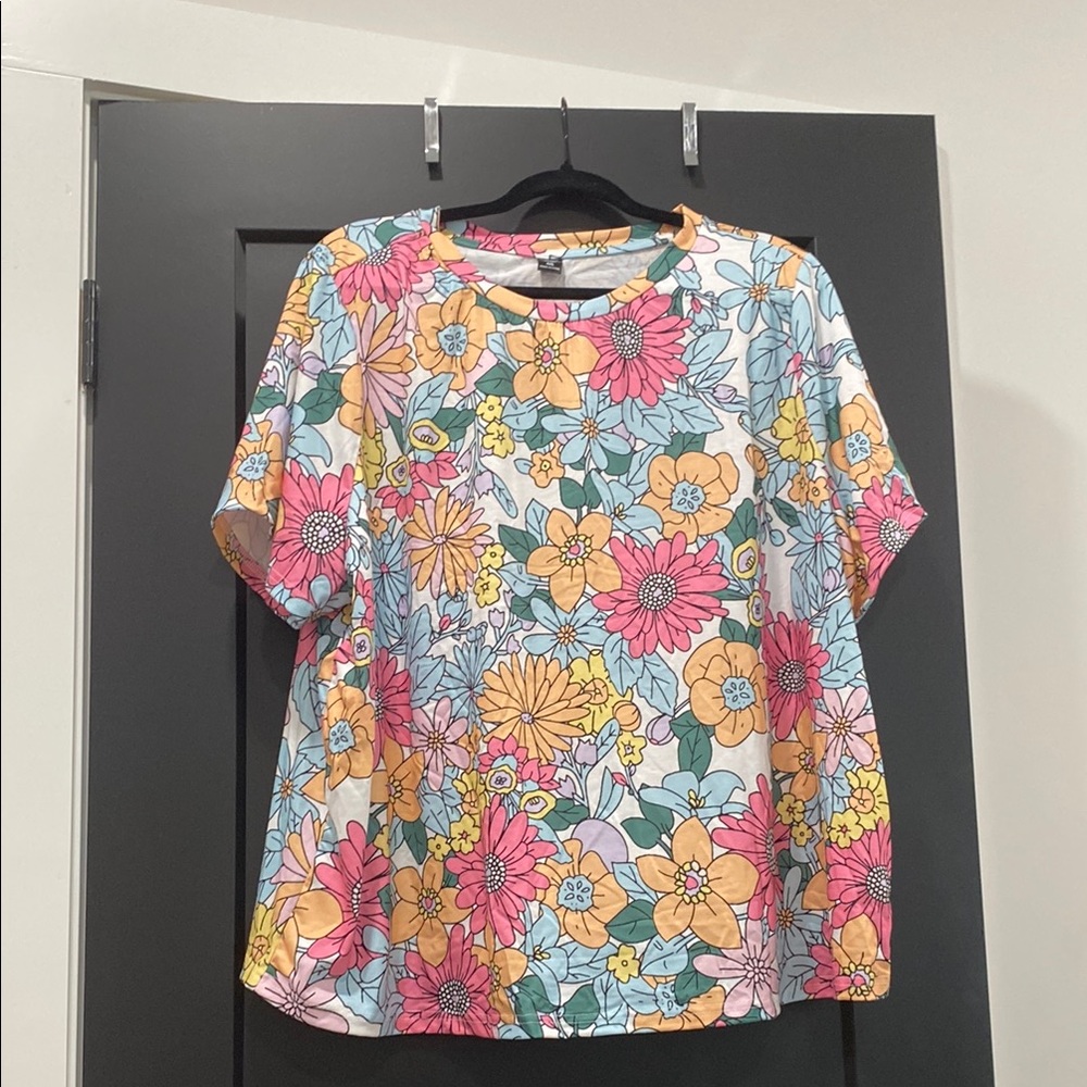 SHEIN Pink and Orange Boxy Short Sleeve Blouse